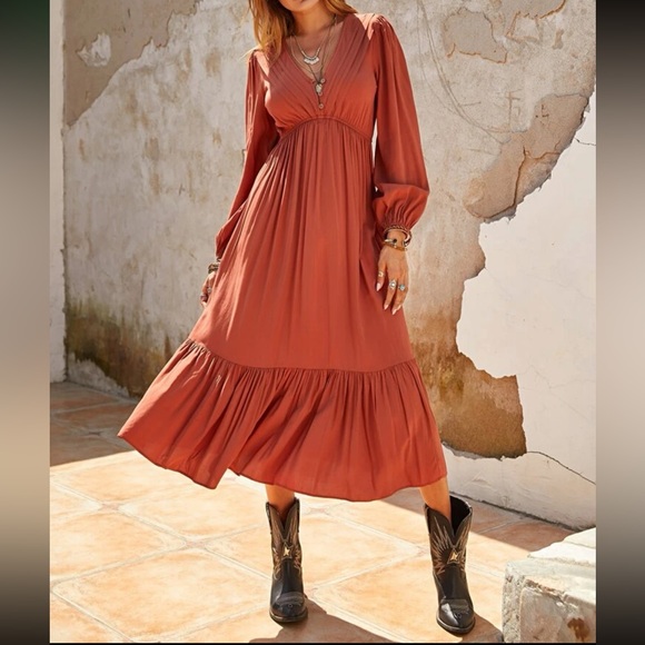 Boho orange button pleated long sleeve maxi dress - Picture 3 of 7